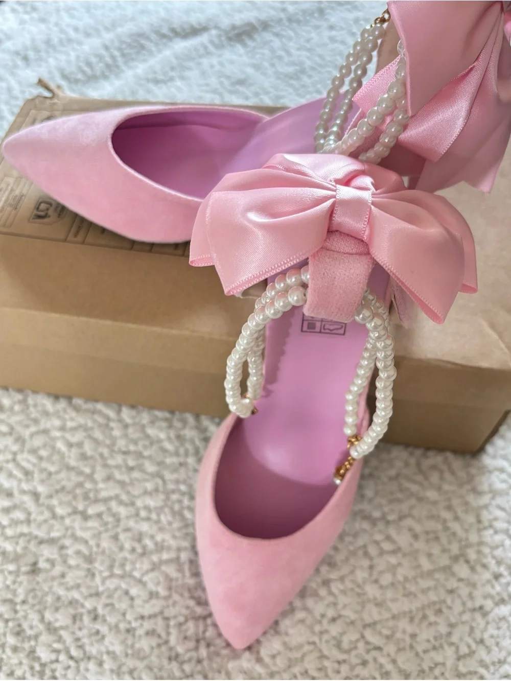 Satin Pink Pointed-Toe Heels with Pearl Bow Ankle Strap